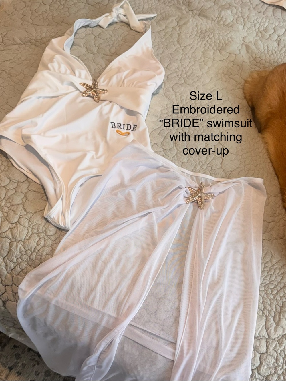 Bride Embroidered White Halter Swimsuit with Matching Cover-Up